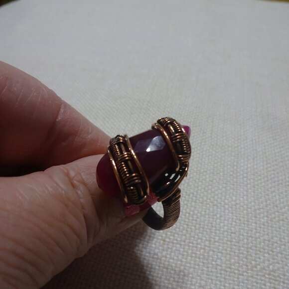 Rustic "RUBY QUARTZ FACETED" Handmade COPPER WIRE-WRAPPED Ring Size 9 #760B - Picture 3 of 4